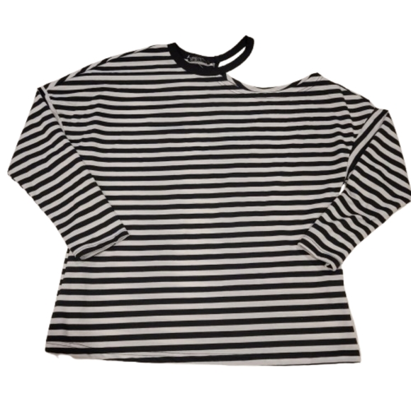 PrettyGarden Striped Cold Shoulder Long Sleeve Tee Shirt Top Black White Large - Picture 2 of 9